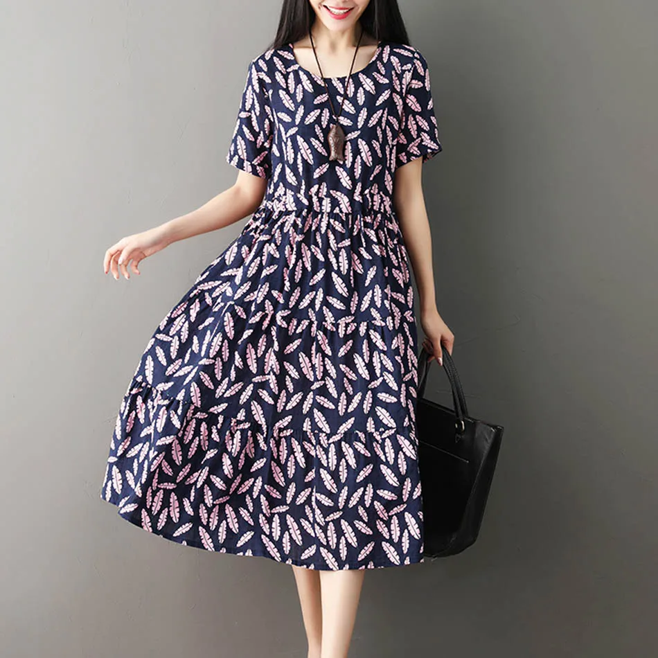 Женское льняное платье с цветочным принтом повседневное свободное из хлопка и