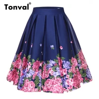 tonval retro floral print vintage pleated skirts womens 2021 high waist cotton summer midi swing skirt