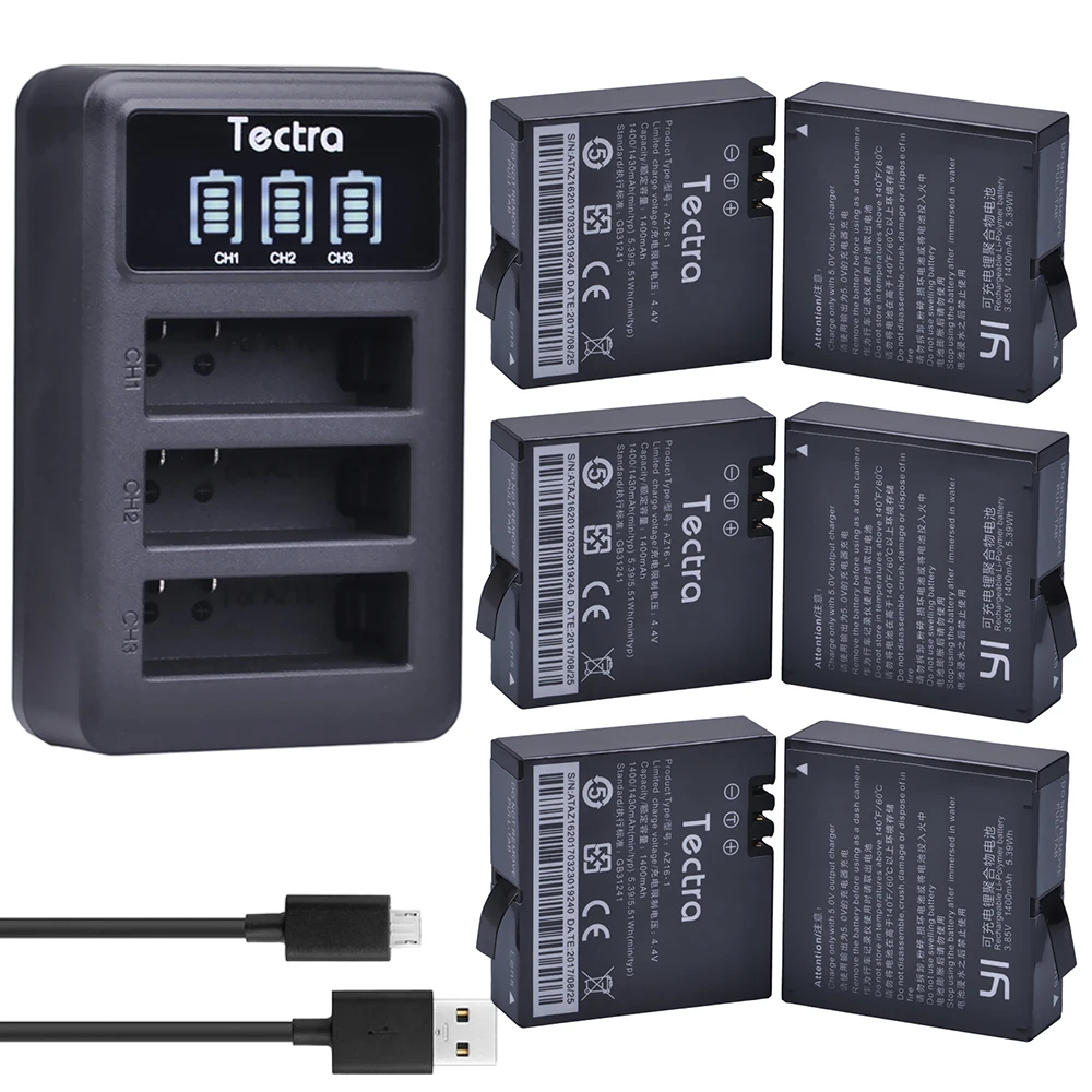 Tectra 6Pcs AZ16 1 1400mAh литий ионный аккумулятор для xiaomi yi + LED USB зарядное устройство с 3