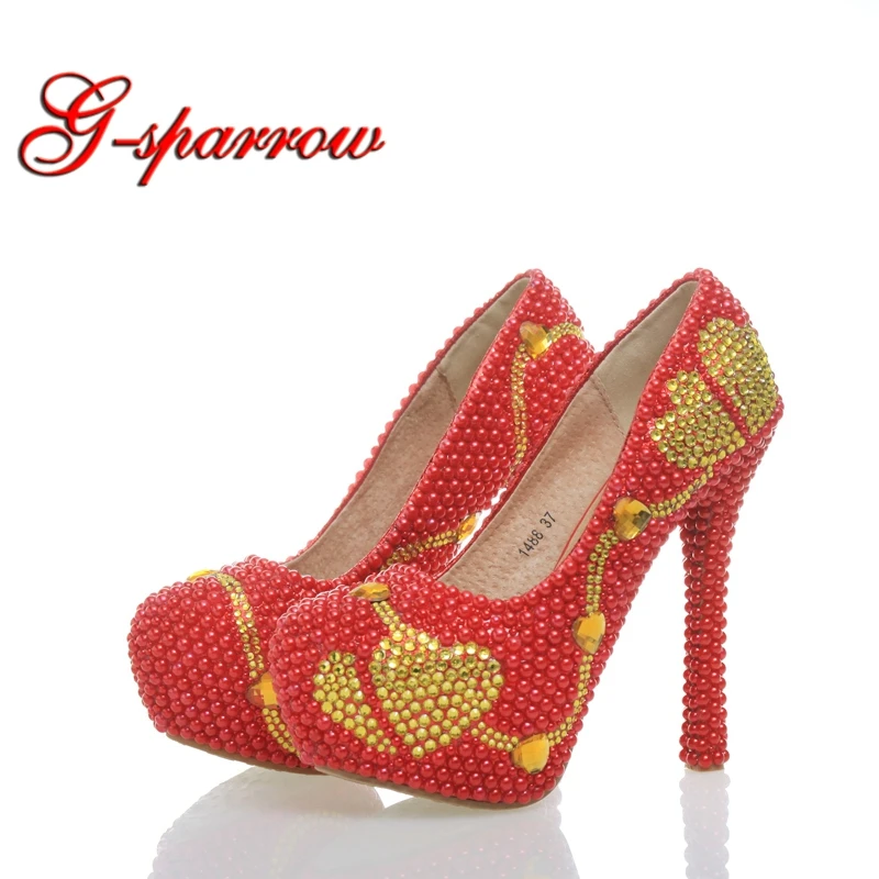 

Уникальные Красные жемчужины золотые стразы сердце дизайн высокие каблуки красивый банкет ночной клуб ручная работа шпилька для вечеринки...