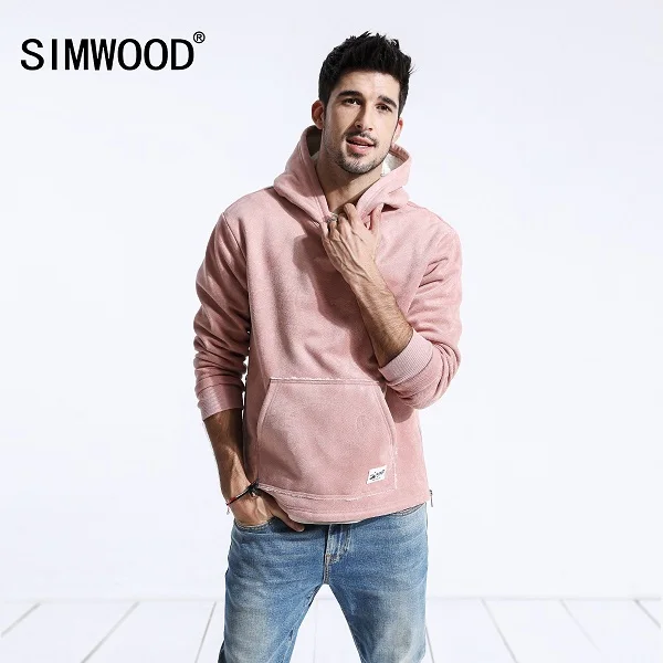 pink Мужское замшевое худи SIMWOOD, приталенная куртка с капюшоном, свитшот на флисе, спортивный пуловер в стиле хип-хоп, модель 180467 - Цвет: pink