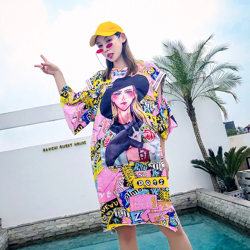 QING MO 2018 Summer Dress Flare Sleeve Robe Femme Hollow Out Pink Shirt Character Pattern Print for Women ADQ240 | Женская одежда