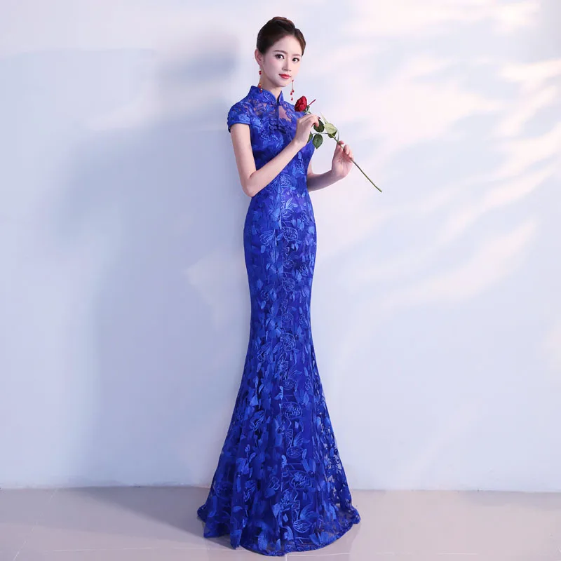 Темно-синие кружево платье Чонсам Свадебные Qipao сексуальный Восточный на день рождения вечернее платье, китайское длинные Традиционный китайский платья для женщин