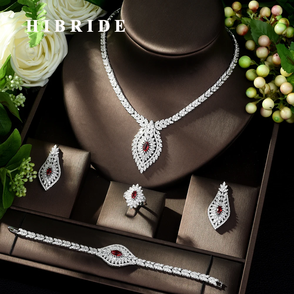 

HIBRIDE Flower Water Drop Luxury Women Nigerian Wedding Jewelry Set Bride Cubic Zirconia Necklace Dubai 4PCS Dress Jewelry S076
