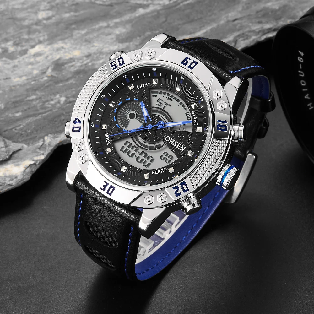 

Fashion Design OHSEN Quartz Digital Watch for Men Waterproof Military Wristwatches Leather Strap Classic Dual Time Male Clocks