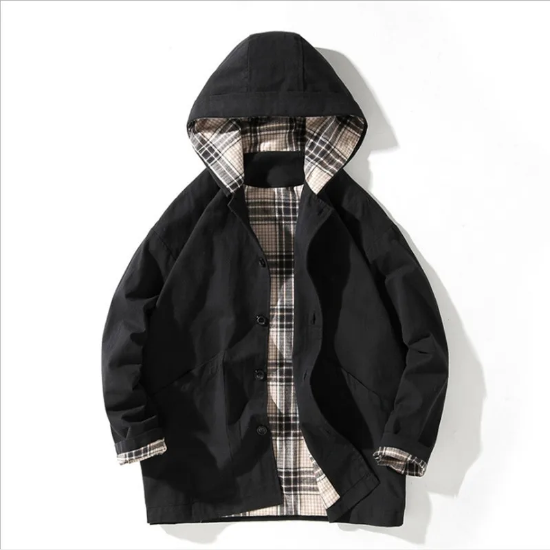 Male Fashion Casual Loose Lining Plaid Hooded Windbreaker Men Size M-5XL Spring Korean Style Solid Color Jackets Trench | Мужская одежда