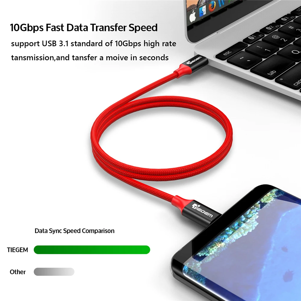 Кабель TIEGEM USB Type C папа-Type-C папа USB-C кабель для быстрой зарядки Samsung Galaxy S8 S9 Note 9 Huawei