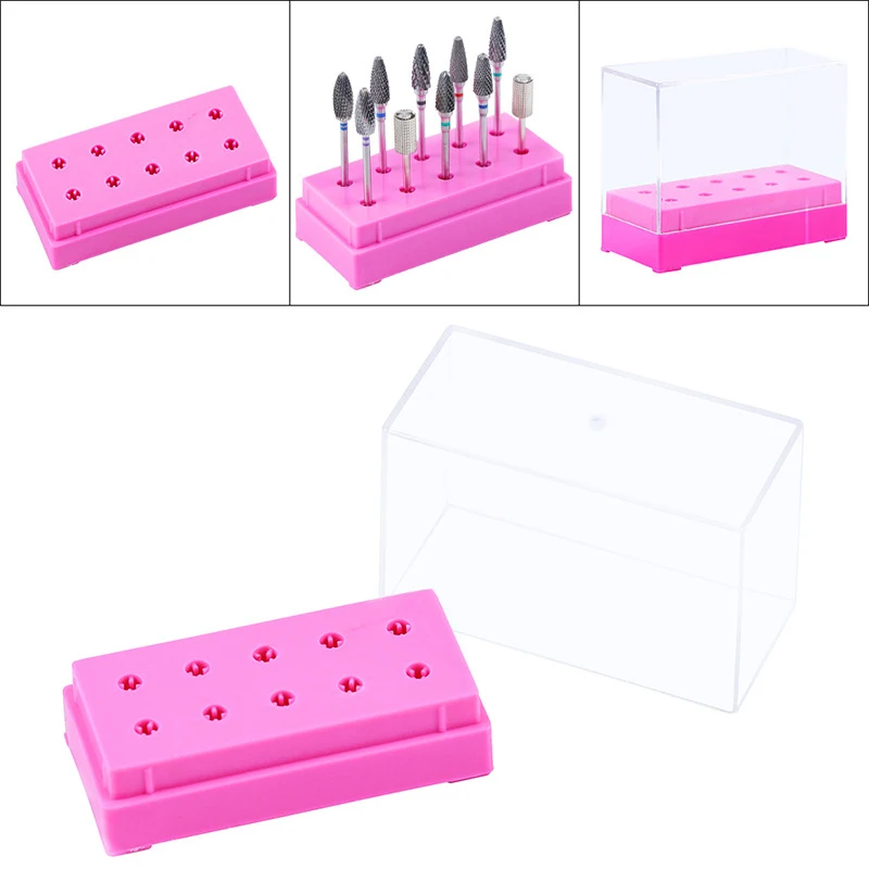 

10 Holes Nail Drill Head Bits Display Holder Standing With Cover Storage Box Nail Art Equipment Grinding Heads Display Manicure