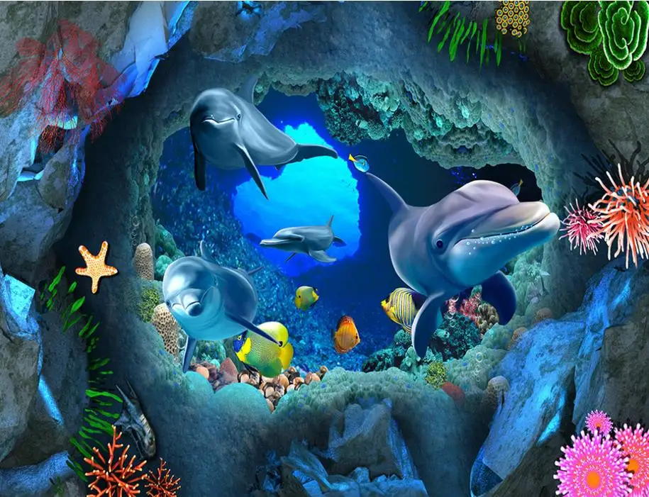 Обои на заказ 3D напольные обои для гостиной ПВХ Самоклеящиеся с дельфином|floor 3d