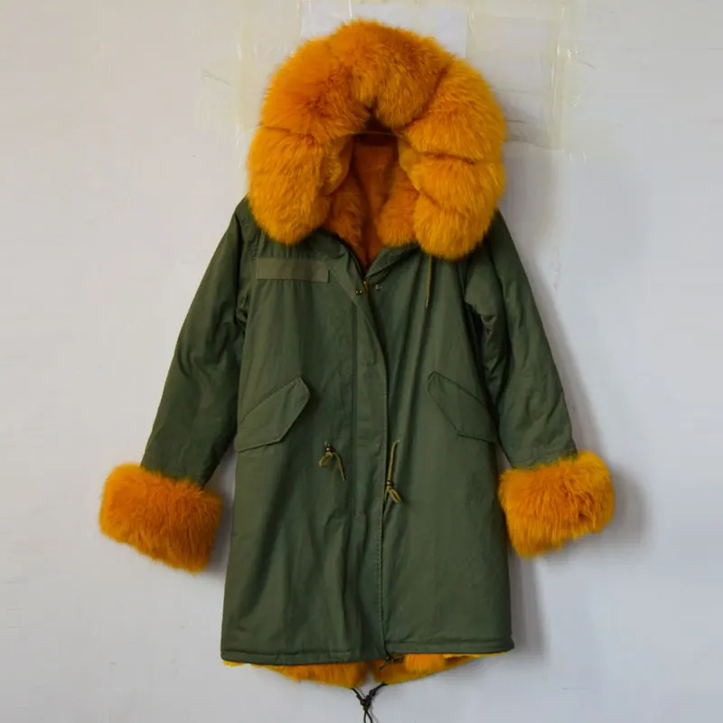 Модная парка с капюшоном и воротником из желтого лисьего меха Длинная зимняя
