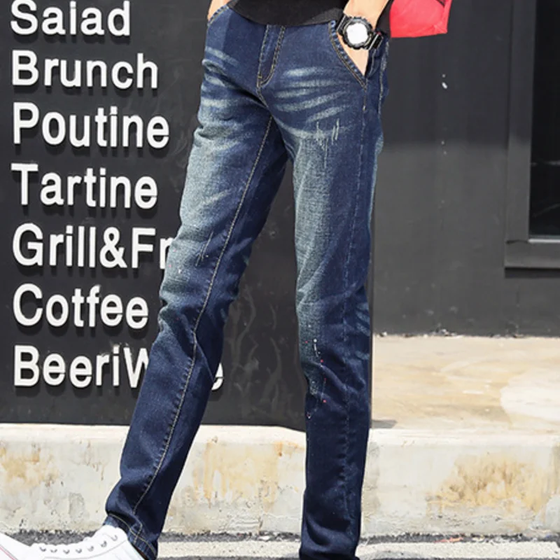 Мужские длинные джинсовые брюки модные прямые Тонкий Однотонные джинсы для