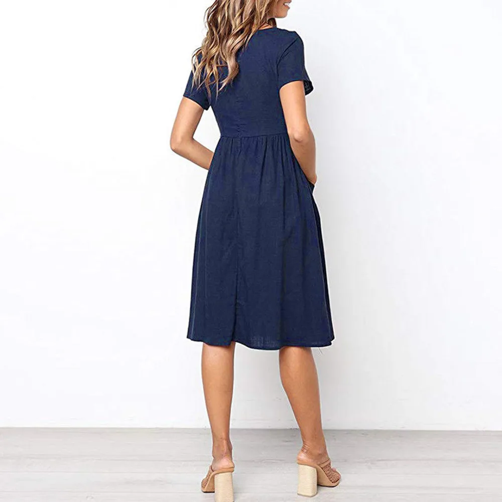 Womens Party Dress Holiday Summer Dress Women Beach Solid short Sleeve Buttons Party Dress