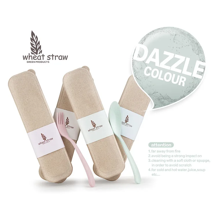 3 pcs Portable Outdoor Wheat Straw Tableware Set Fork Spoon Chopsticks Flatware Travel Dinner with Box Easy to Carry | Дом и сад