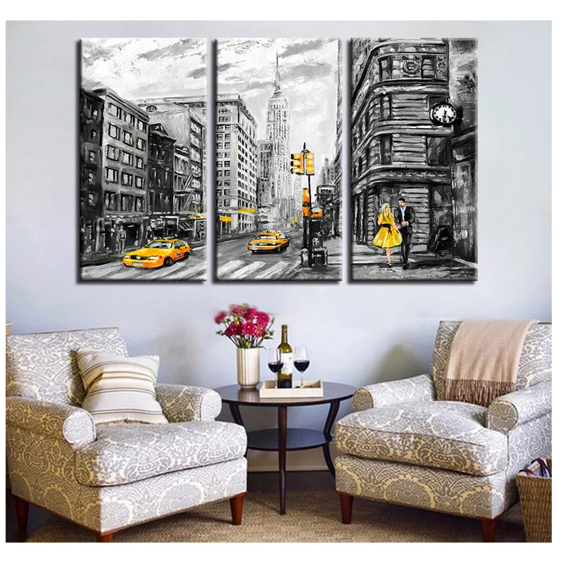 

3 Piece Diamond painting cross stitch kits Black and White Couples New York City Street Yellow Taxi Car scenic diamond mosaic 5d