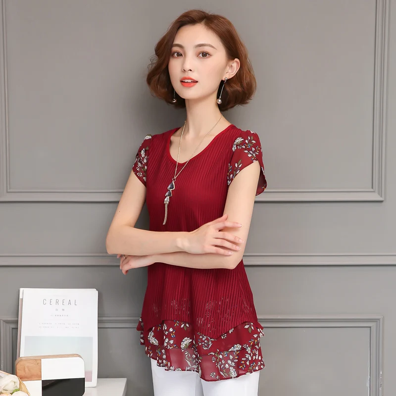New Summer Women Short Sleeve Blouses Plus Size Korean Fashion O-Neck Chiffon Casual Shirts Print Patchwork Blouse XL-5XL Z20 |