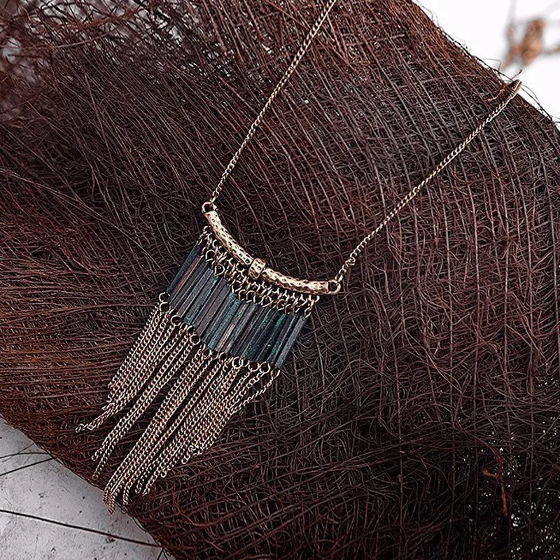 LGZH Vintage Tassel Pendant Necklace Antique Gold color Long Chain Patina metal Tube Women Ethnic Collar Jewelry | Украшения и