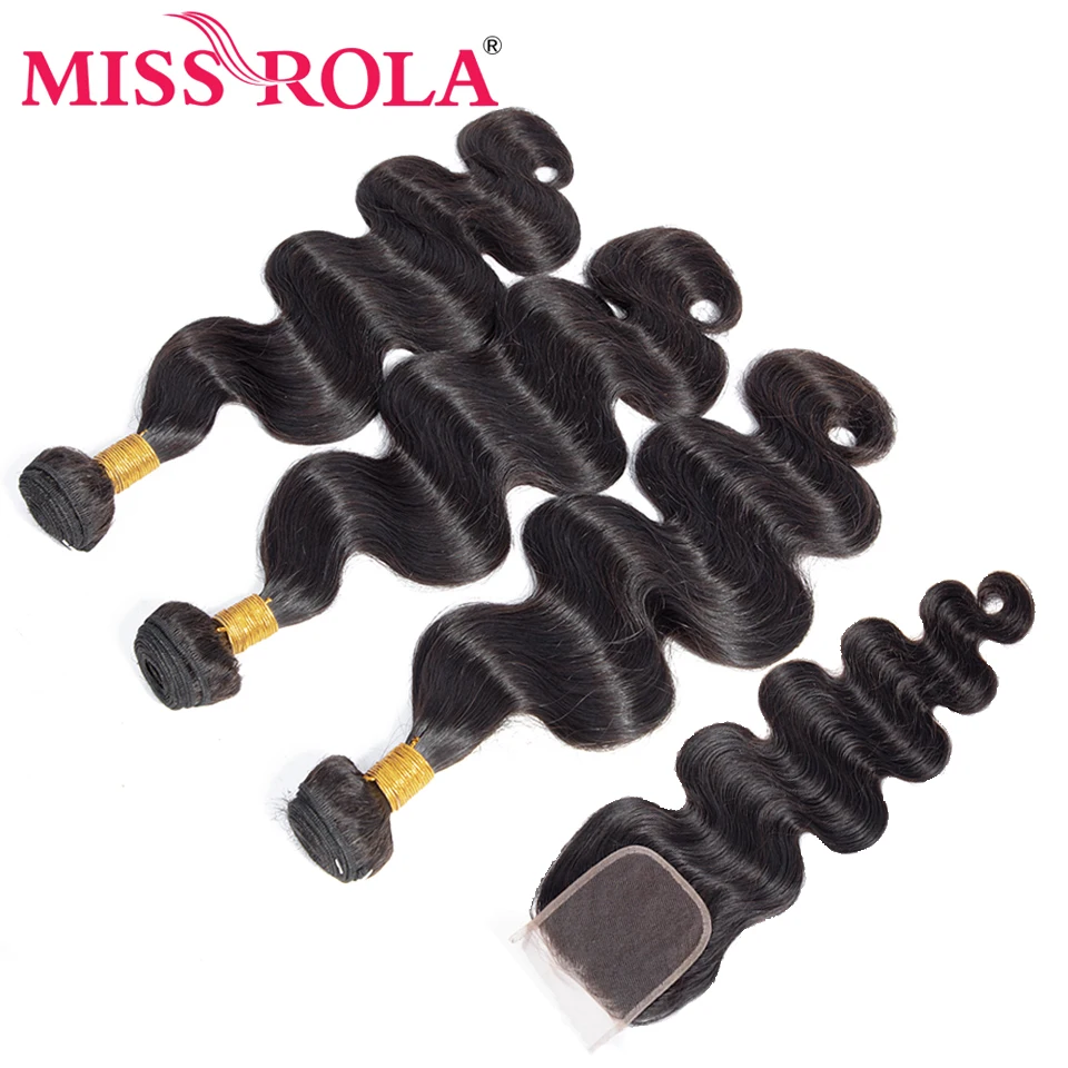 Miss Rola, бразильские волосы, объемные волнистые пряди, с закрытием, человеческие волосы Remy, 3 пряди, 4*4, натуральный цвет