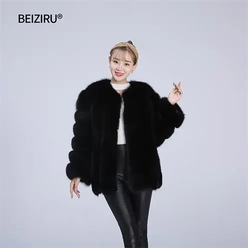 Black BEIZIRU шуба из натурального Лисьего меха женская зимняя натуральная теплая горячая Распродажа Большой Мех с длинным рукавом Новое поступление Серебряная лисица пальто - Цвет: Black