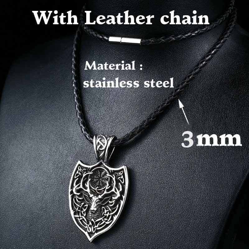 Leather rope style Байер в стиле легендарных викингов Aegishjalmur амулет кулон ожерелье большой двойной олень Секира Викинг нордический талисман Подвеска Ожерелье - Окраска металла: Leather rope style