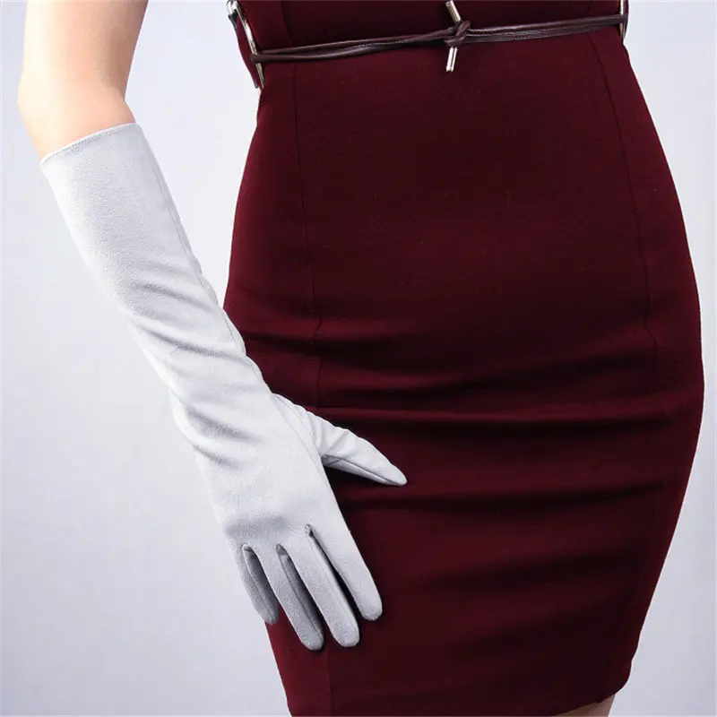 Suede light grey Женские перчатки средней длины 40 см Яркие Кожаные полиуретановые перчатки из лакированной кожи женские кожаные P40-09 для танцев - Цвет: Suede light grey