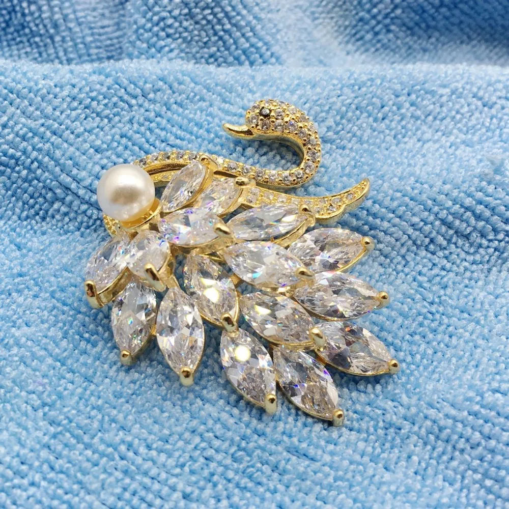 Swan zircon brooch women gold swans pearls and brooches wedding bridal decorations | Украшения и аксессуары