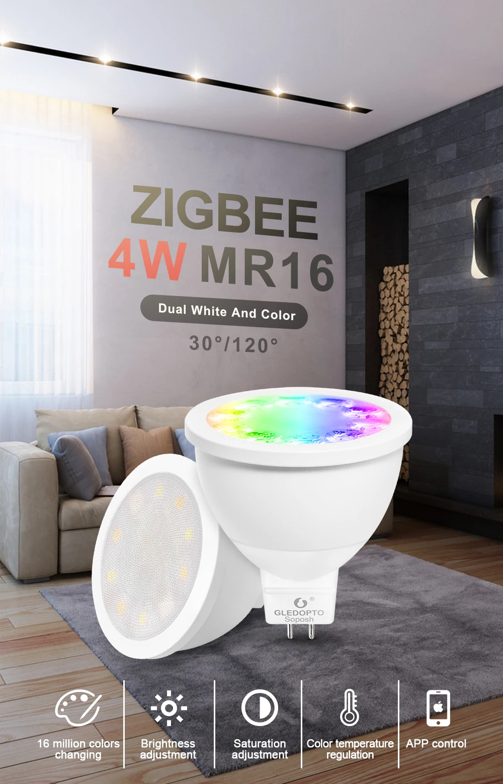 GLEDOPTO ZIGBEE светодиодный MR16 4 Вт RGB+ CCT прожектор ww/cw 2700-6500k DC12V теплый белый работает с zigbee 3,0 шлюзом amazon echo plus