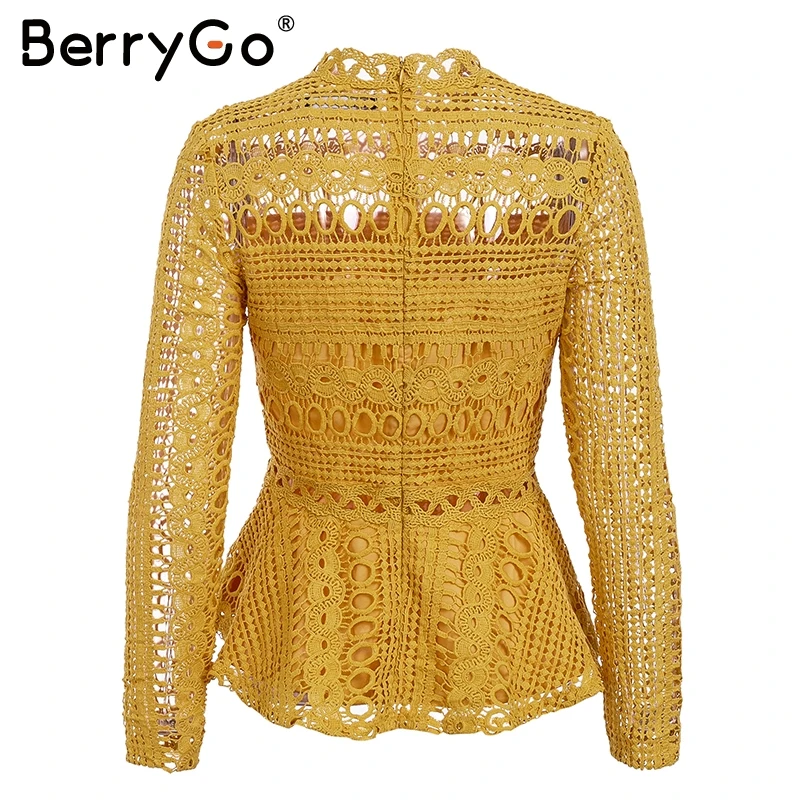 BerryGo, элегантная кружевная белая блузка с баской, рубашка,, с рюшами, с длинным рукавом, модная женская блузка, женская, Осень-зима, топ, для офиса, леди