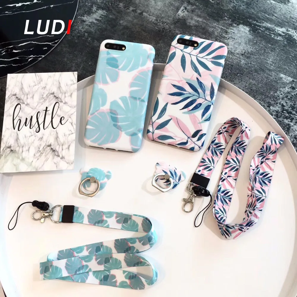 Чехол LUDI с корейскими листиками кольцом-держателем и ремнем для iPhone X 8 7 7plus6 6S Plus