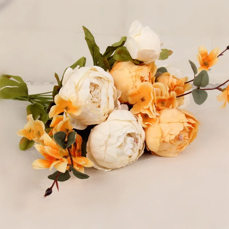 13heads white orange 1 букет, 13 голов, Искусственный Пион, Шелковый цветок, искусственные цветы, осень, яркий пион, Искусственный лист, свадебное украшение для дома, вечеринки, Рождества - Цвет: 13heads white orange