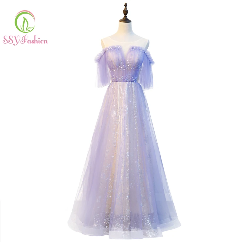 Женское вечернее платье со шнуровкой SSYfashion фиолетовое до пола с глубоким круглым