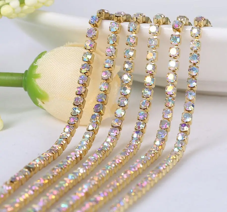 10 ярдов кристалл AB Bling коготь лента из бисера градиент DIY плотная Золотая основа цепочка с искусственными камнями одежда и сумка художественное украшение
