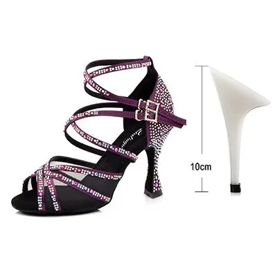 Purple 10cm Ladingwu/Женская обувь для танцев; фиолетовые атласные стразы; обувь для латинских танцев; женская обувь для сальсы; Обувь для бальных танцев - Цвет: Purple 10cm