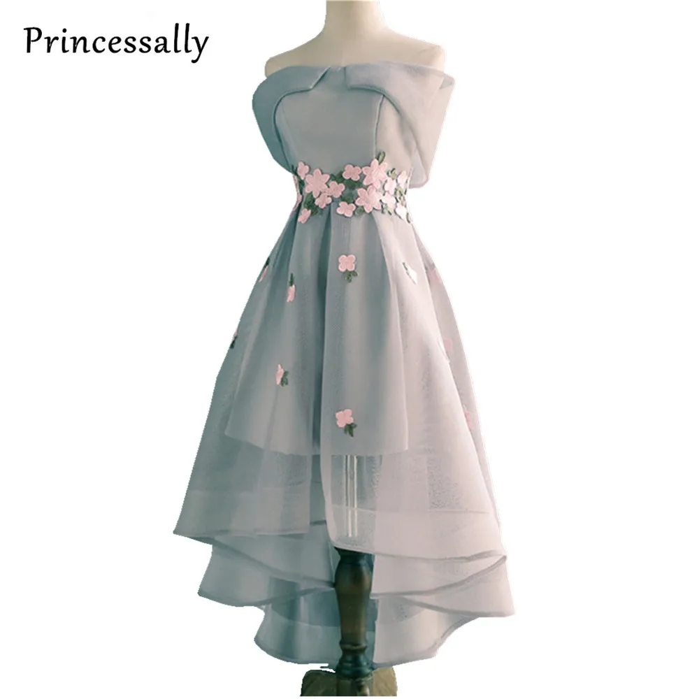 Вечерние асимметричные платья с вырезом лодочкой и цветами серого цвета|neck strap cell