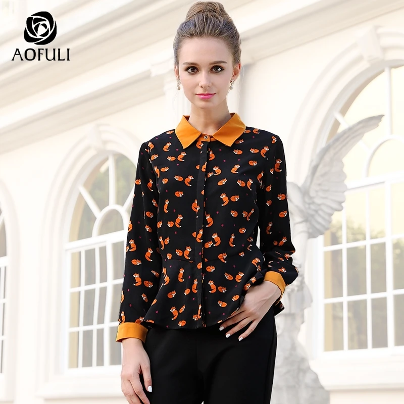 AOFULI M/L/XL элегантная повседневная рубашка с принтом лисы для женщин Весна размера плюс блузка с длинным рукавом весна осень топы с рюшами B6187