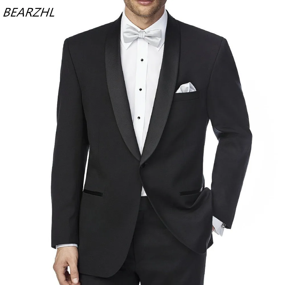 

Bespoke Mens Suits Groom Tuxedo Black Slim Fit Custom Made High Quality Shawl Collar Dress