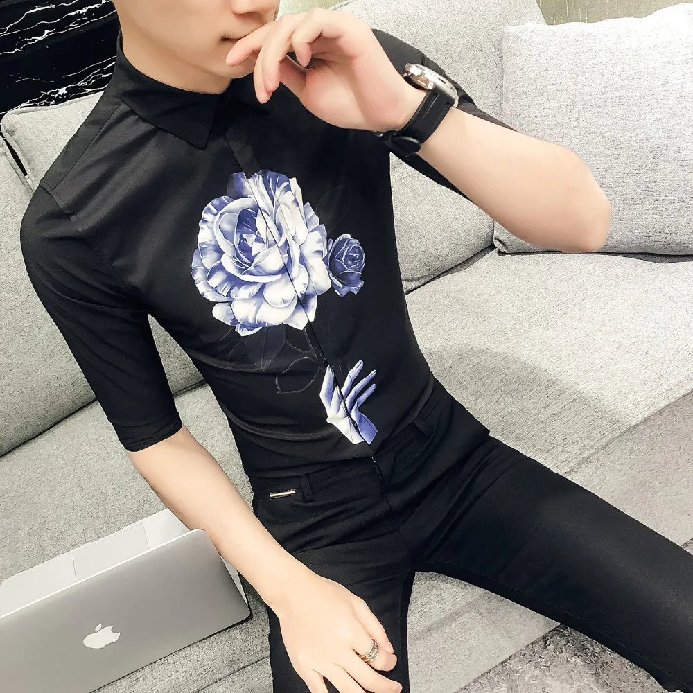 Личность печати рубашка Для мужчин лето 2018 Slim Fit короткий рукав смокинг платье