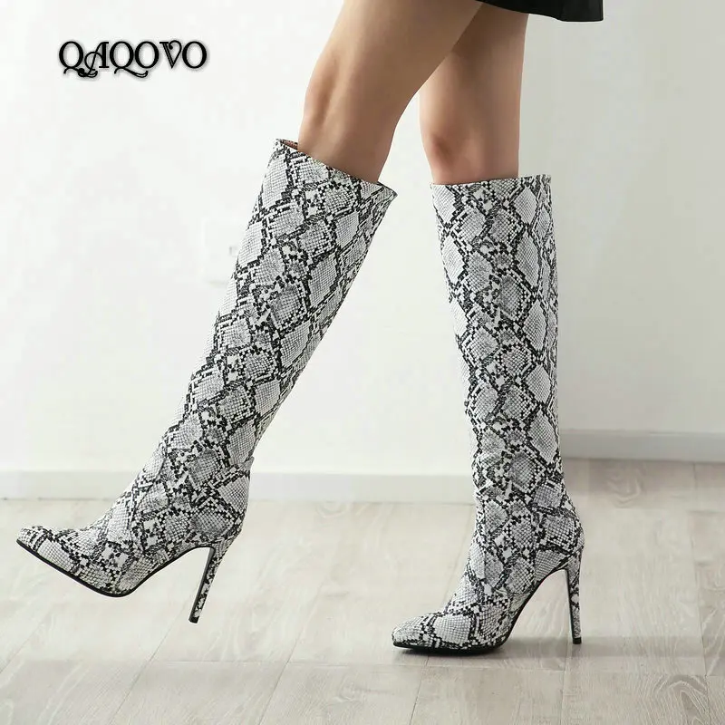 

Fashion Snake Print Knee High Boots Women Sexy Super High Heels Boots Slip On Pointed Toe Autumn Winter Ladies Boots Big Size 43