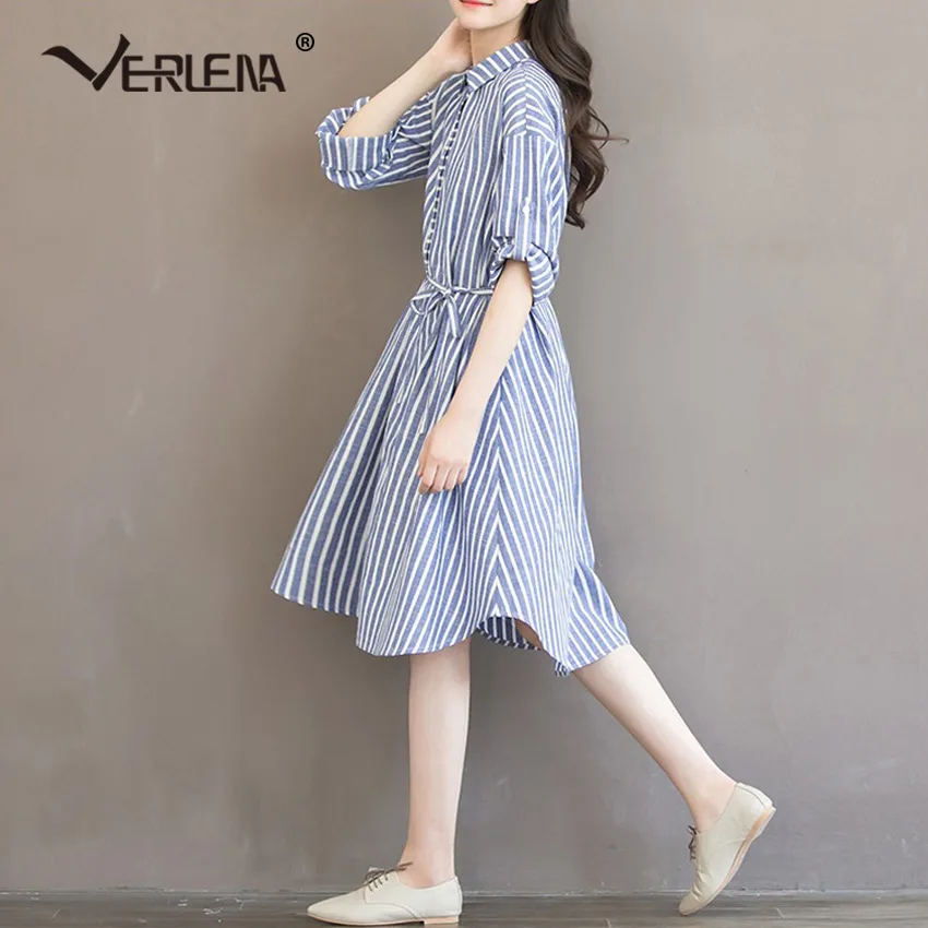Verlena 2018 Plus Size White Stripe Summer Dress Line Button in Front Curved Hem Loose Women Linen Vestidos Knee Dresses | Женская