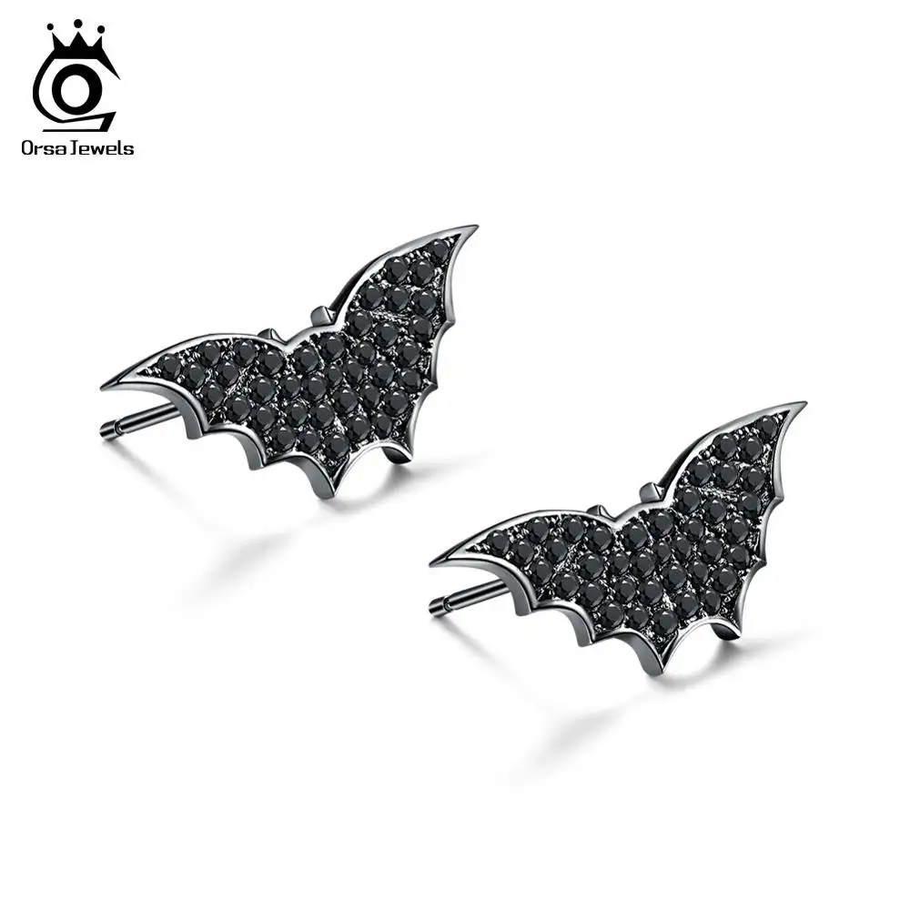 Black Color ORSA JEWELS, серьги-гвоздики для женщин, летучая мышь, рисунок, черный, прозрачный, ослепительный, AAA CZ, дизайн, тема, вечерние ювелирные изделия OE200 - Окраска металла: Black Color