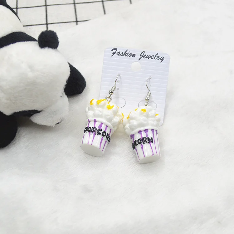 Cute Korean Style Resign Cartoon Popcorn Dangle Earrings Funny Creative Foods Earring for Women Girls Brincos Ear D - Окраска металла: purple
