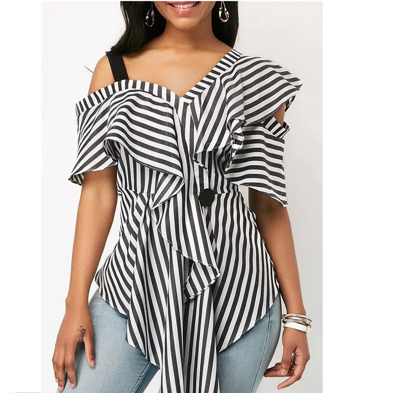 Сексуальная полосатая рубашка с открытыми плечами новая весенняя Сексуальные