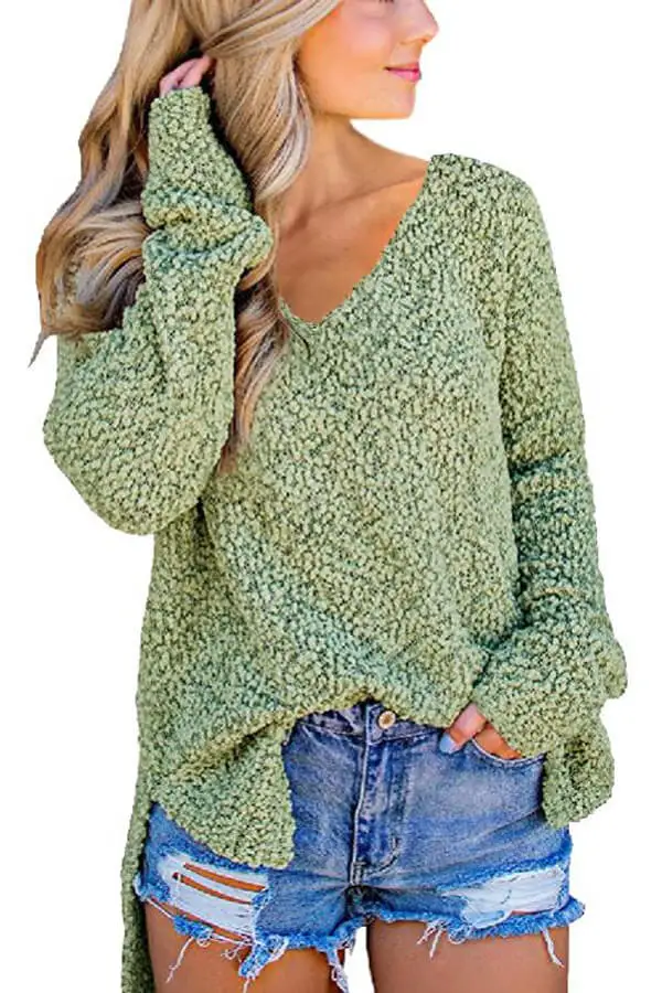 Echoine Khaki V Neck Popcorn Texture Loose Fit Sweater Women Autumn Winter Long Sleeve Pullover Jumper Pull Femme | Женская одежда