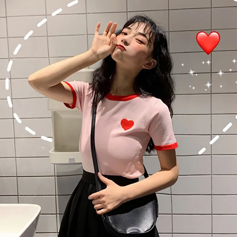 Women's Summer Color Block Heart Embroidery O Neck Knitted Short Sleeve Knitwear Pullover Women T shirt | Женская одежда
