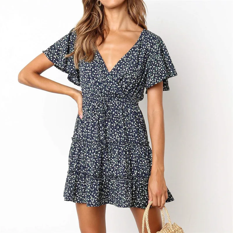 Женское Короткое мини платье летнее пляжное с цветочным принтом в стиле бохо