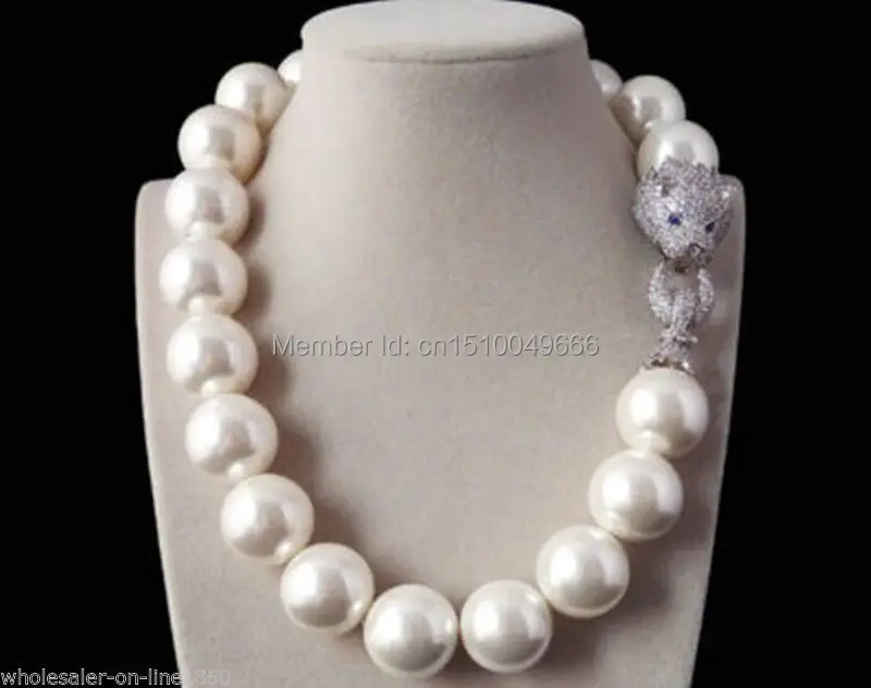 FREE SHIPPING Rare Huge Real 20mm South Sea White Shell Pearl Necklace W. Zircon leopard head