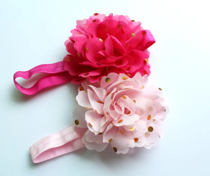 new arrival 4 inch Chiffon Flower Golden Dot With satin Headband Headwear 20 color girl hair accessory 24pcs/lot | Детская одежда и