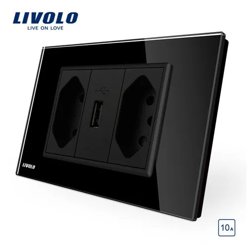 Black Livolo бразильский/Итальянский стандарт 3 контакта 10А розетка с USB, белая стеклянная панель USB розетка, C9C2UBR1-11 - Тип: Black