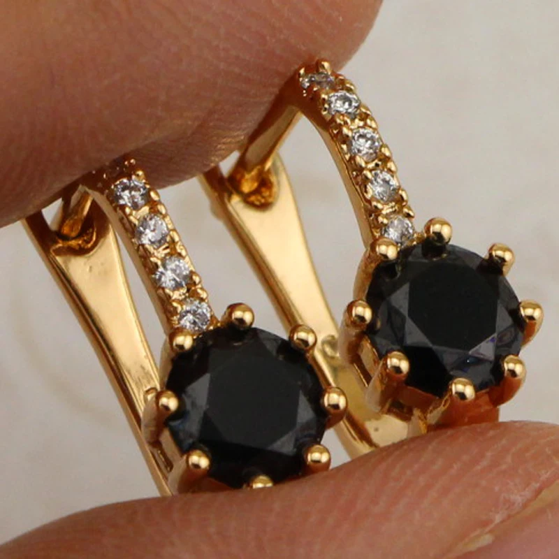 Classical Super Hot Nice Black Round CZ Gems Hoop Earrings Yellow Golden Plated Jewelry Gift For Woman EB400D | Украшения и