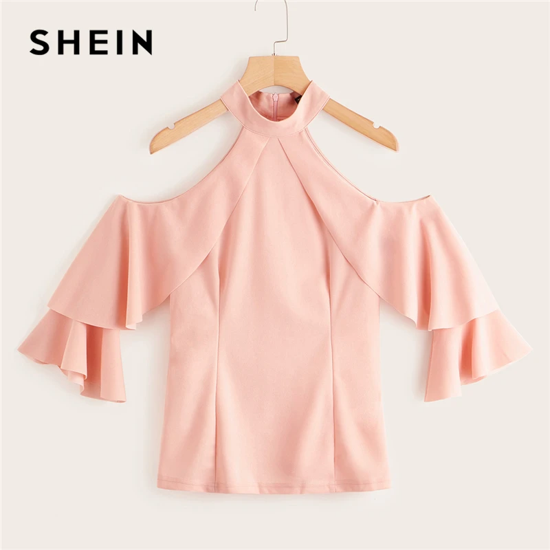 SHEIN элегантный пастельный розовый гофрированный Холтер с открытыми плечами, многослойный топ с расклешенными рукавами, блузка, женские весенние облегающие Сексуальные вечерние блузки