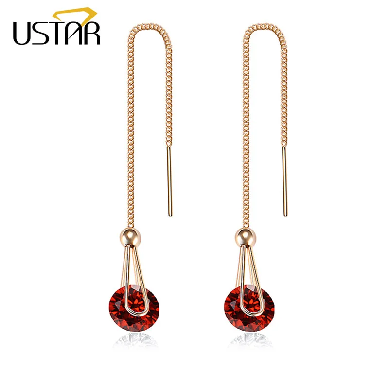 Red Crystal Gold USTAR, длинные женские серьги в форме капли, 2.0ct AAA, круглая огранка, кубический цирконий, свадебные ювелирные изделия, серьги-гвоздики для женщин, brincos, подарок - Окраска металла: Red Crystal Gold
